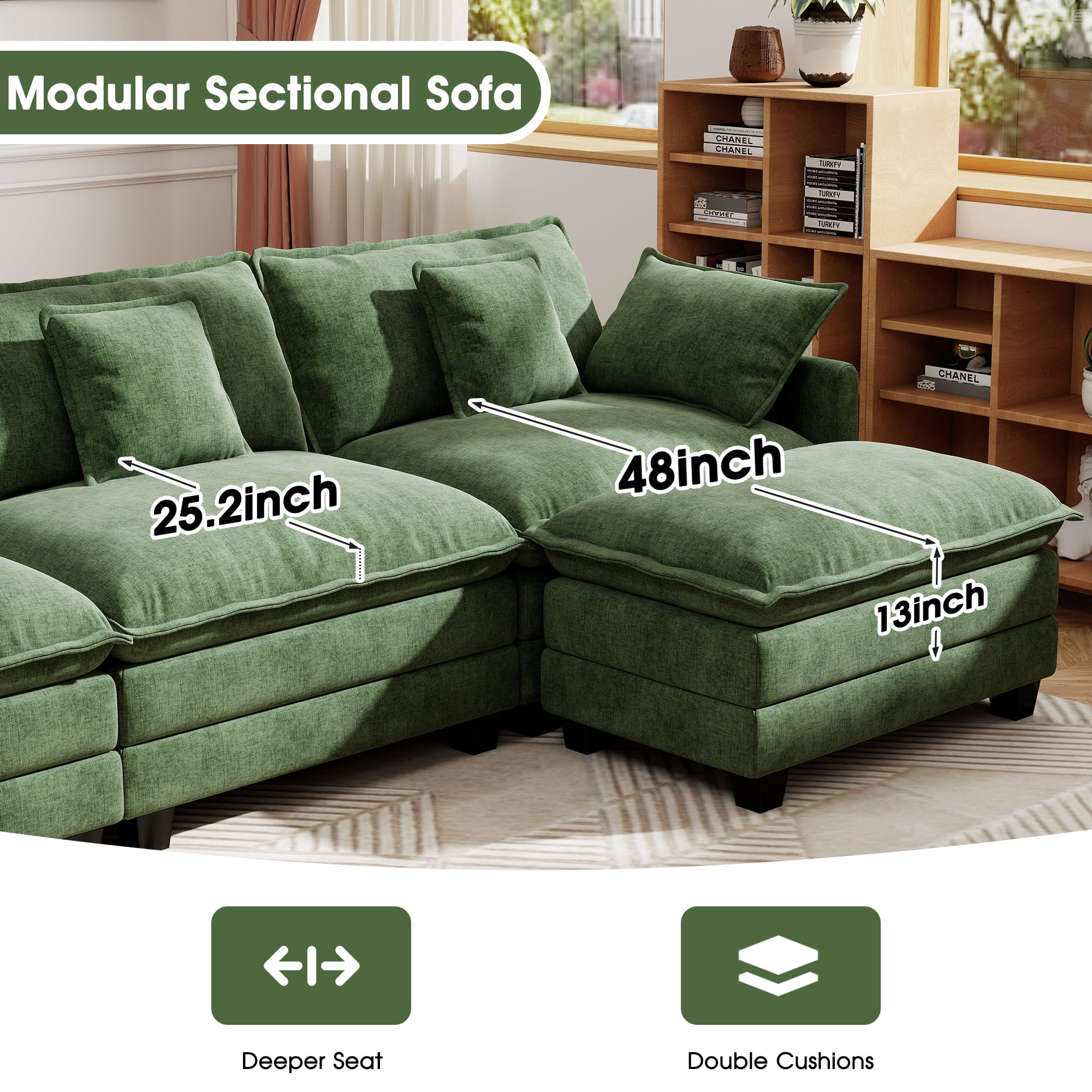 BedLuxury 76.7’’ Loveseat Sofa, Modern Chenille Sectional Sofa Cloud Couch for Living Room, Apartment, Office, 2-Seat, Green