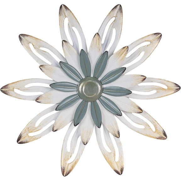 Metal Flower Farmhouse Wall Decor, 16" Large Floral Metal Blue White Wall Art for Indoor Outdoor, Boho Wall Decor for Bathroom, Living Room, Kitchen, Bedroom, Porch, Garden, Yard