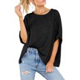 thumbnail image 4 of TEMOFON Women Tops Loose T-Shirt Summer Casual Short Sleeve Shirts Baggy Crew Neck Tee Solid Color Black Basic Tops Plus Size M, 4 of 5