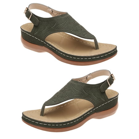 

Kitem Women Sandals Open Toe Strap Wedges Solid All Match Flip Flop Type Faux Leather Retro Anti-slip Roman Sandals for Beach