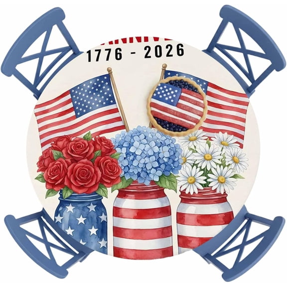 250th Anniversary Round Fitted Tablecloth with Elastic Edge Patriotic Floral USA Flag Independence Day Waterproof Oil Proof Table Cover for Party Picnic Fits 45"-54" Round Tables