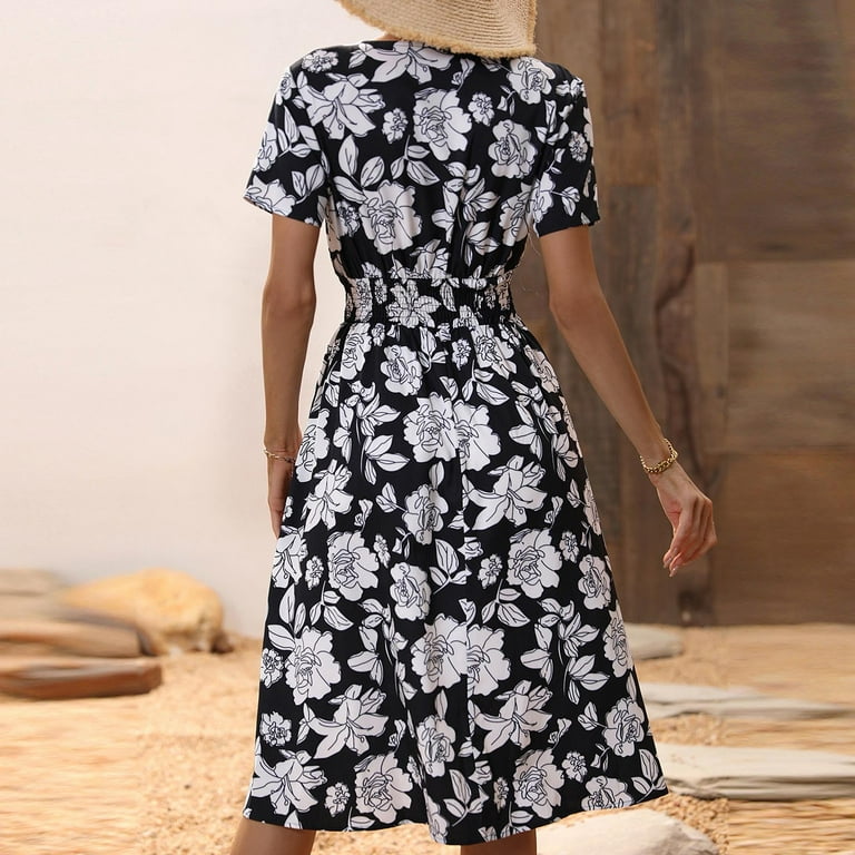 QUYUON Linen Dress for Women Summer Belted Midi Dress Ladies