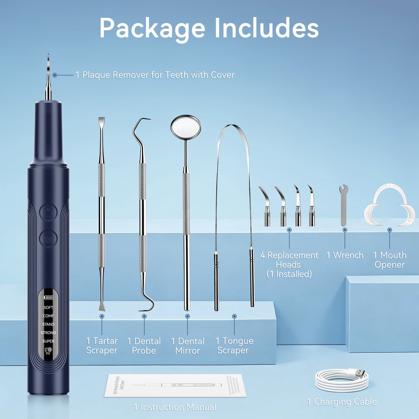 Hulmay Plaque Remover for Teeth, 5 Modes Electric Tartar Cleaner, Rechargeable Dental Cleaning Kit with 4 Replaceable Heads & LED Light for Adults and Kids