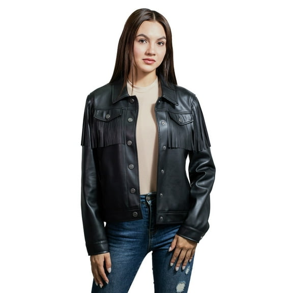 Women's trucker jacket in premium synthetic leather with chest pockets and beards.