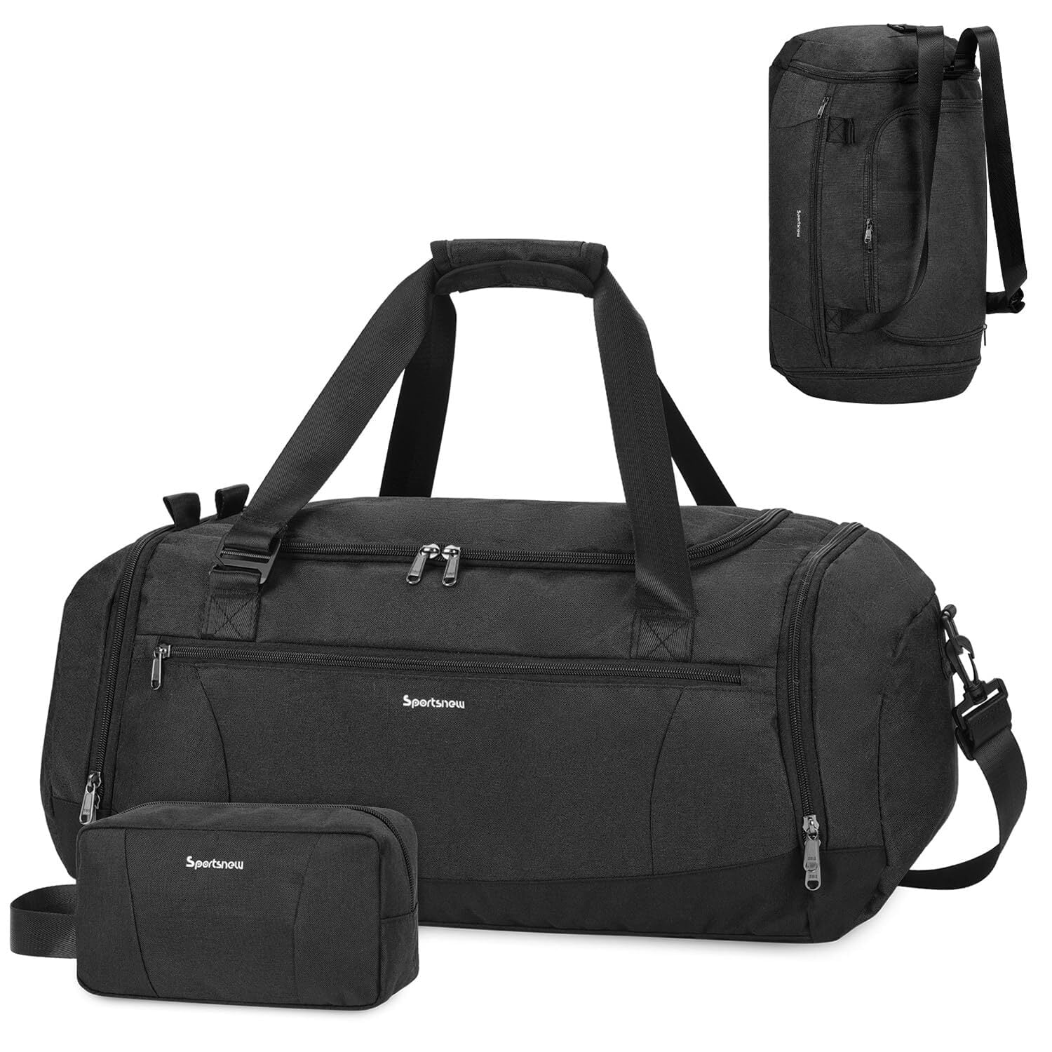 Gym Bags Set 2Pcs Men's Travel Duffel Bag with Toiletry Pouch Waterproof with Backpack Straps Shoe Compartment Wet Pocket for Women, Black