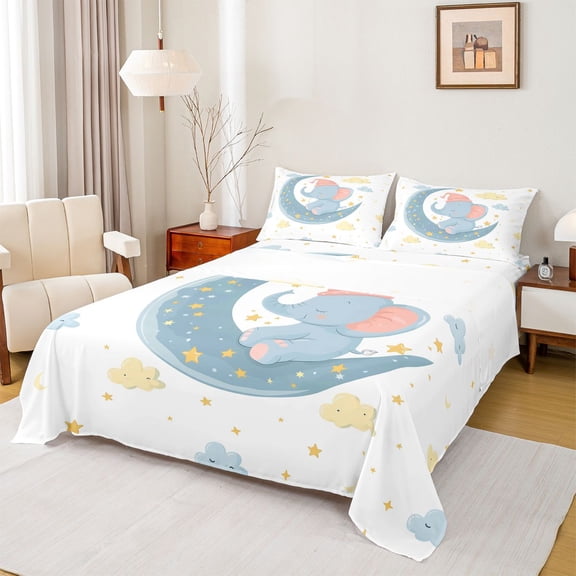 Homewish Kawaii Blue Elephant Bed Sheets for Teens, Dreamy Fairy Tale Animal King Sheets, Moon Stars Galaxy Sheet Set, Super Cozy Room Decor, 4 Pieces