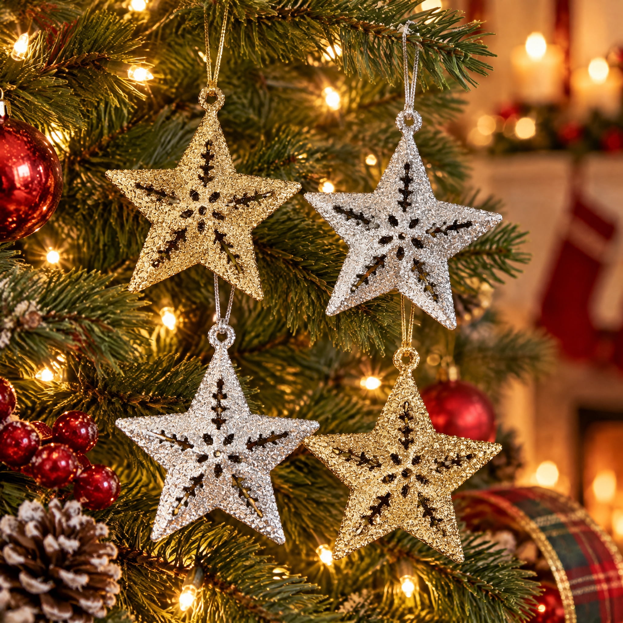 4-Count Gold and Silver Metal Star Mini Christmas Ornaments, 2.5", by Holiday Time