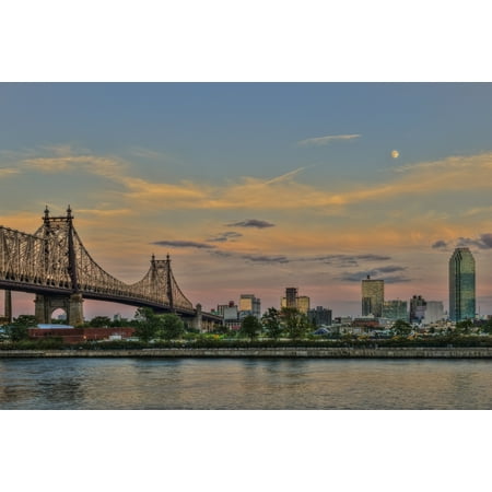 Moonrise over Queensboro (59th Street) Bridge and the Citibank Building Queens New York United States of America Canvas Art - F M Kearney  Design Pics (19 x