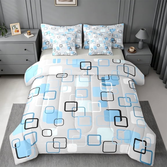 meiyoeat Abstract Geometric Plaid 7pcs Queen Bedding For Kids,Modern 3D Grid Print Bedding Comforter Set Queen For Adults,Light Gray Reversible