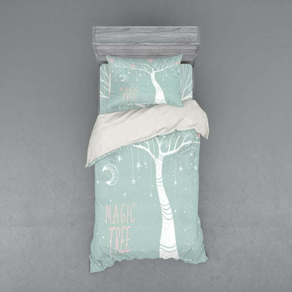 Ambesonne Tree Bedding Set 3 Pcs, Stars Moon Pastel Colored, Twin, Almond Green White