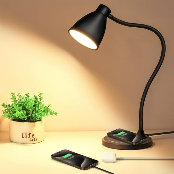Lámpara de escritorio LED BOHON con puertos de carga USB C+A y cargador inalámbrico