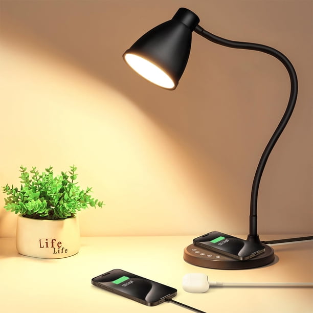 Lámpara de escritorio LED BOHON con puertos de carga USB C+A y cargador inalámbrico
