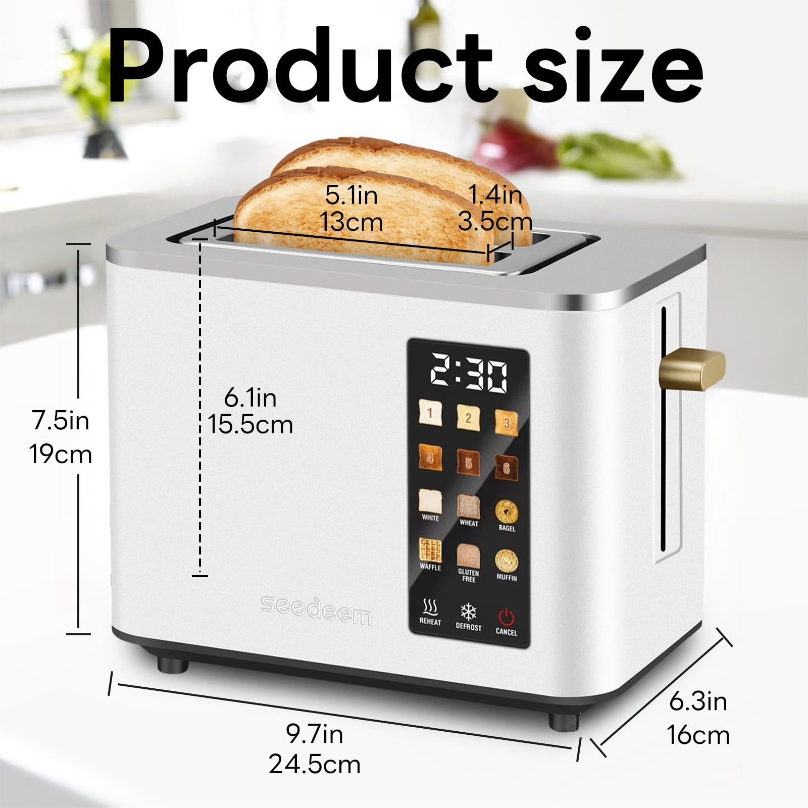 2 Slice-Toaster,Touch Control LCD Screen,6 Shade Setting & Bread Selection,Removable Crumb Tray,Stainless Steel,900W,White