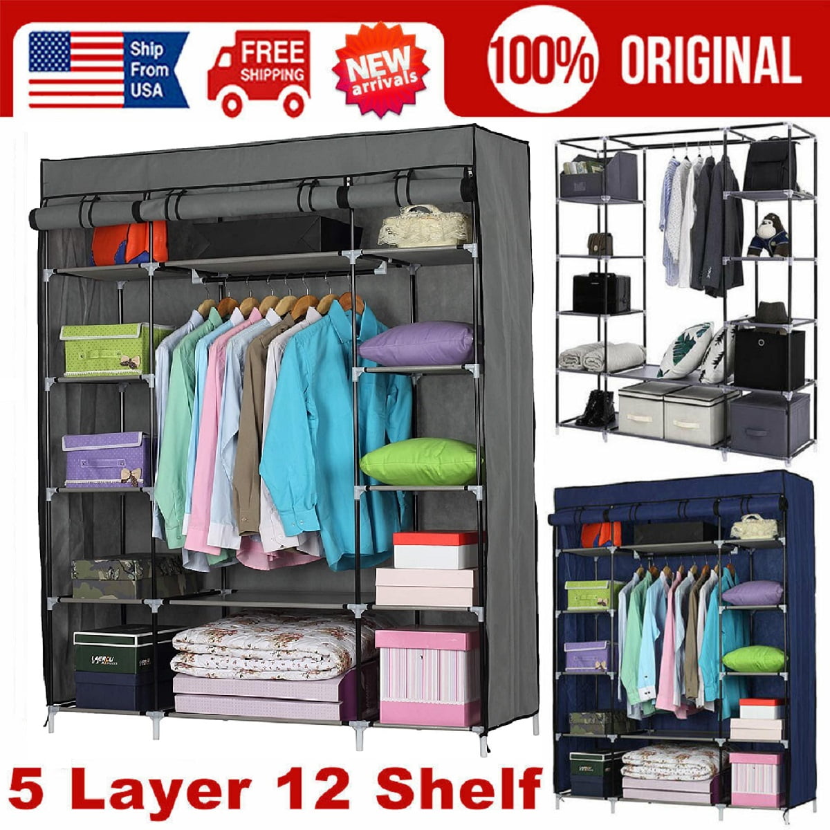 NEW ARRIVAL! Portable Closet Storage Organizer Clothes Wardrobe Clothing  Rack Shelf Dustproof Non-woven Fabric,Quick and Easy to Assemble With 12  Shelves & 1 Clothes Hanging Rail,(133x46x170cm)-Gray - Walmart.com