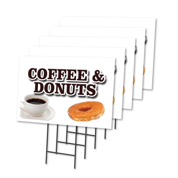 COFFEE & DONUTS 5 Pack Of 18" x 24" Yard Sign & Stake | Advertise Your Business | Stake Included Image On Both Sides | Made in The USA