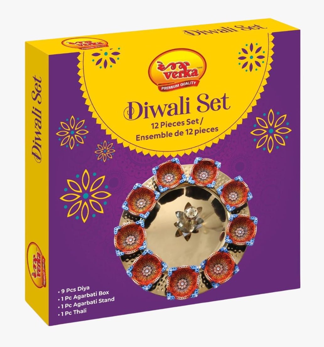 Verka 12 Piece Diwali Set includes Diyas, Agarbati, Agarbati Stand and 1 tray