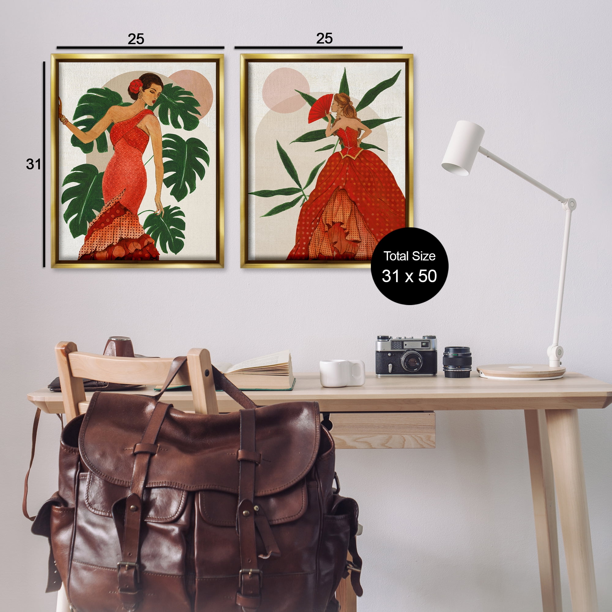 Stupell Industries Tropical Fashionistas in Red People Painting Gold Floater Framed Canvas Art Print Wall Art, 31 x 25, Set of 2