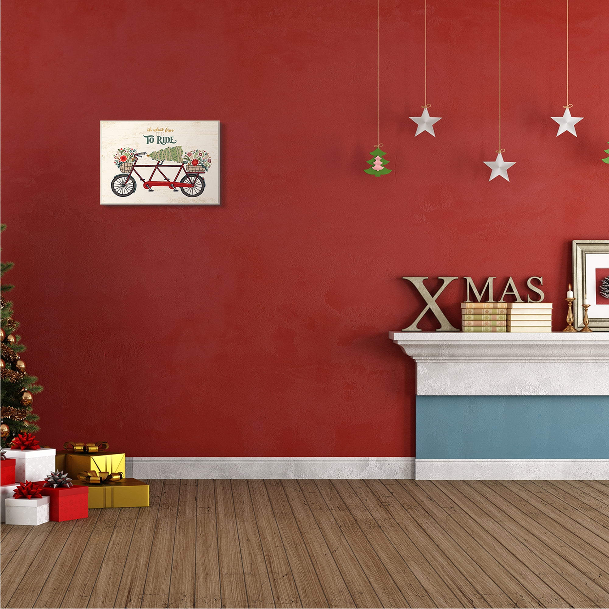 Stupell Industries Oh What Fun Christmas Sentiments Red Tandem Bicycle Transportation Painting Unframed Art Print Wall Art, 10 x 15