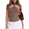 thumbnail image 2 of Women Halter Neck Pleated Twist Front Tank Tops Trendy Slim Fit Sleeveless Hollow Out Halter Top Clubwear Brown M, 2 of 9