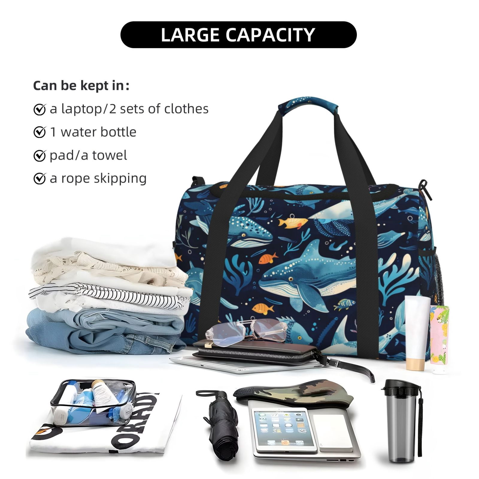 Fuzoiu Playful Whales Underwater Scene Print Travel Duffle Bag,Carry On Tote Bags,Duffel Bag,Sport Gym Bag, Hospital Bag for Labor and Delivery, Overnight Bag,Luggage Bag