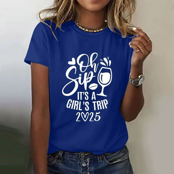 Loose Fit T-Shirts Girl'S Trip 2025 T Shirt Women'S Fashion Round Neck Casual Short Sleeves,Blue Women Cotton T Shirt M