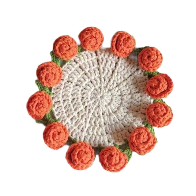 DOLITY Crochet Flower Coaster Compact Drinking Cup Mat for Countertop Tabletop Cafe Orange