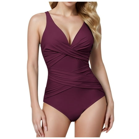 CAICJ98 One Piece Swimsuit for Women 2025 Tummy Control Bathing Suits Cutout Scoop Neck Swimwear Push Up Swim Suit Wine M