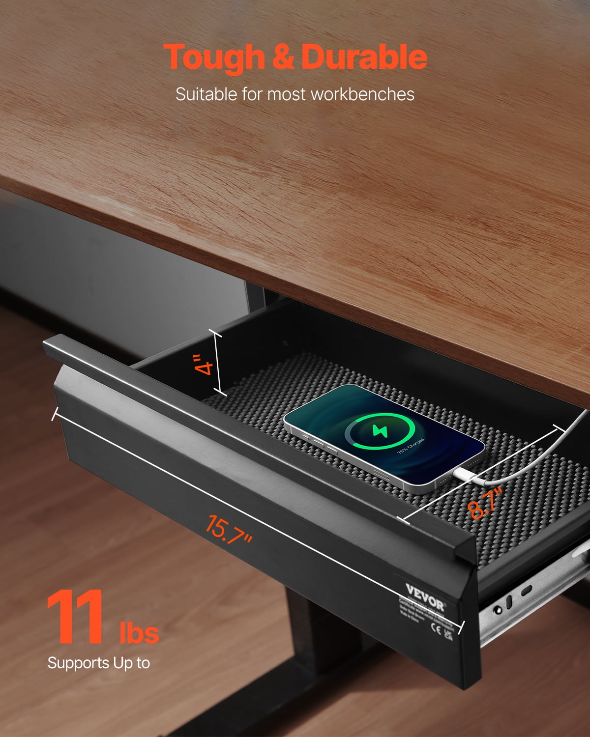 VEVOR 16" Wide Under Desk Drawer Slide Out, Under Desk Mount Pull Out Drawer Attachment, Hidden Desk top Storage Organizer, Under Table Pencil Drawer for Office Home Sit Stand Workstation, 17x9x4 In