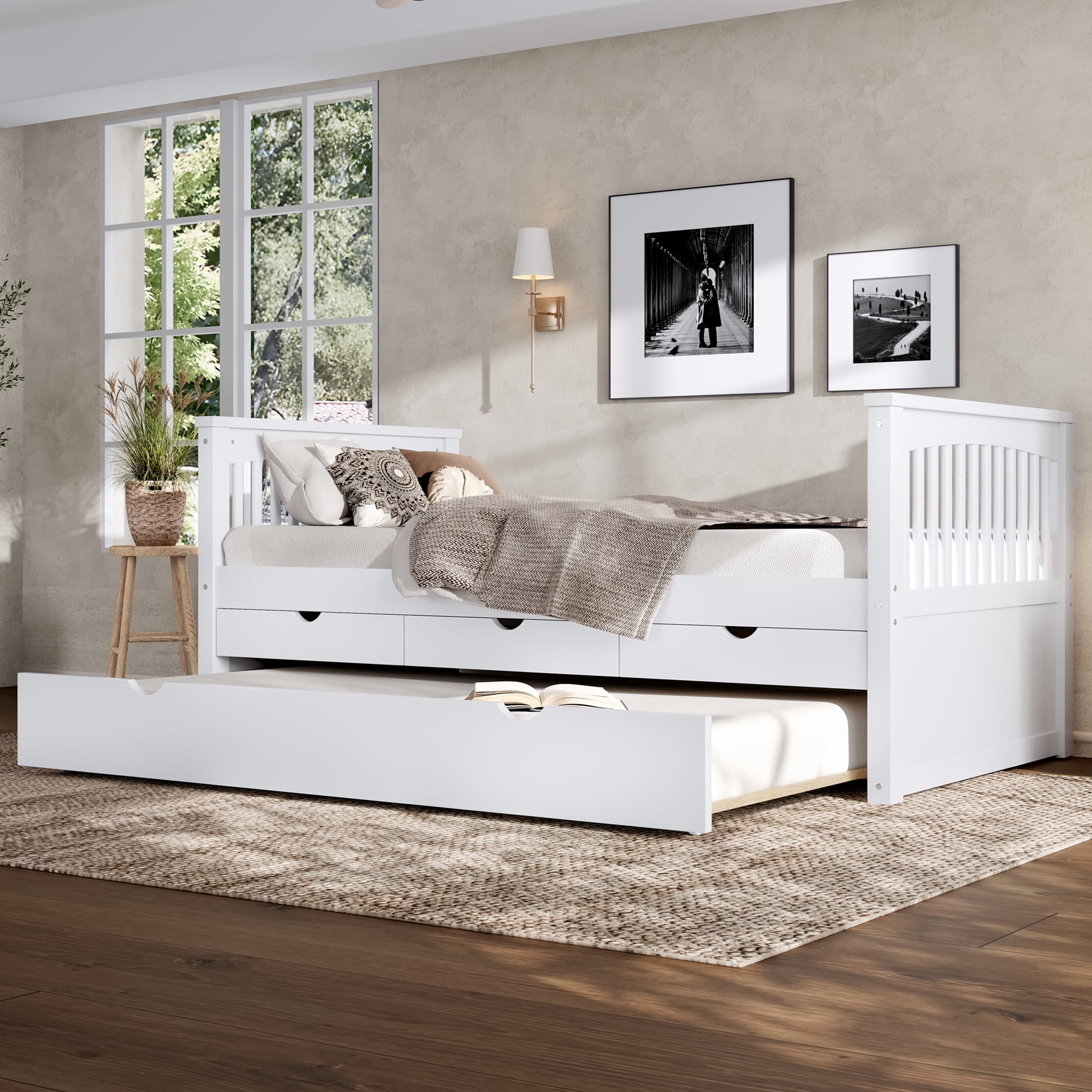 Mintazer Modern Twin Platform Bed with 3 Drawers & Trundle, Kids Wood Storage Bed for Bedrooms Guest Rooms, White