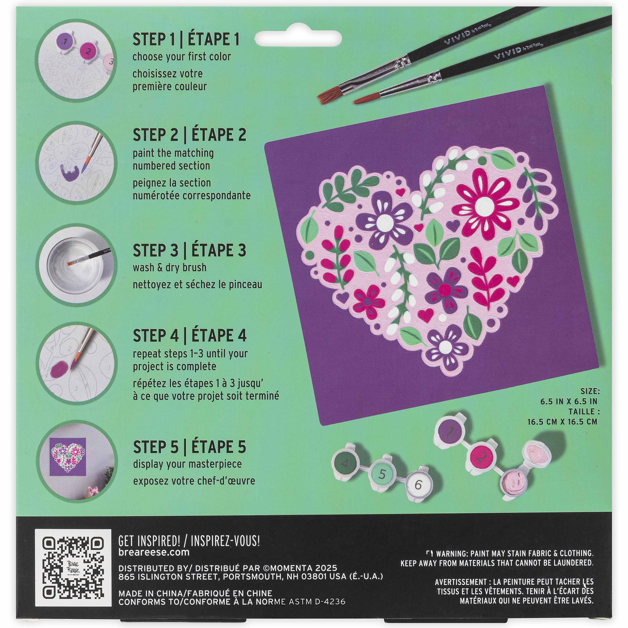 Vivid by Brea Reese: Acrylic Mini Paint-By-Number Kit – Flower Heart - 6 x 6" Canvas, 6 Paint Pods, 2 Brushes, Purple-Pink-Green Colors, DIY Art Craft