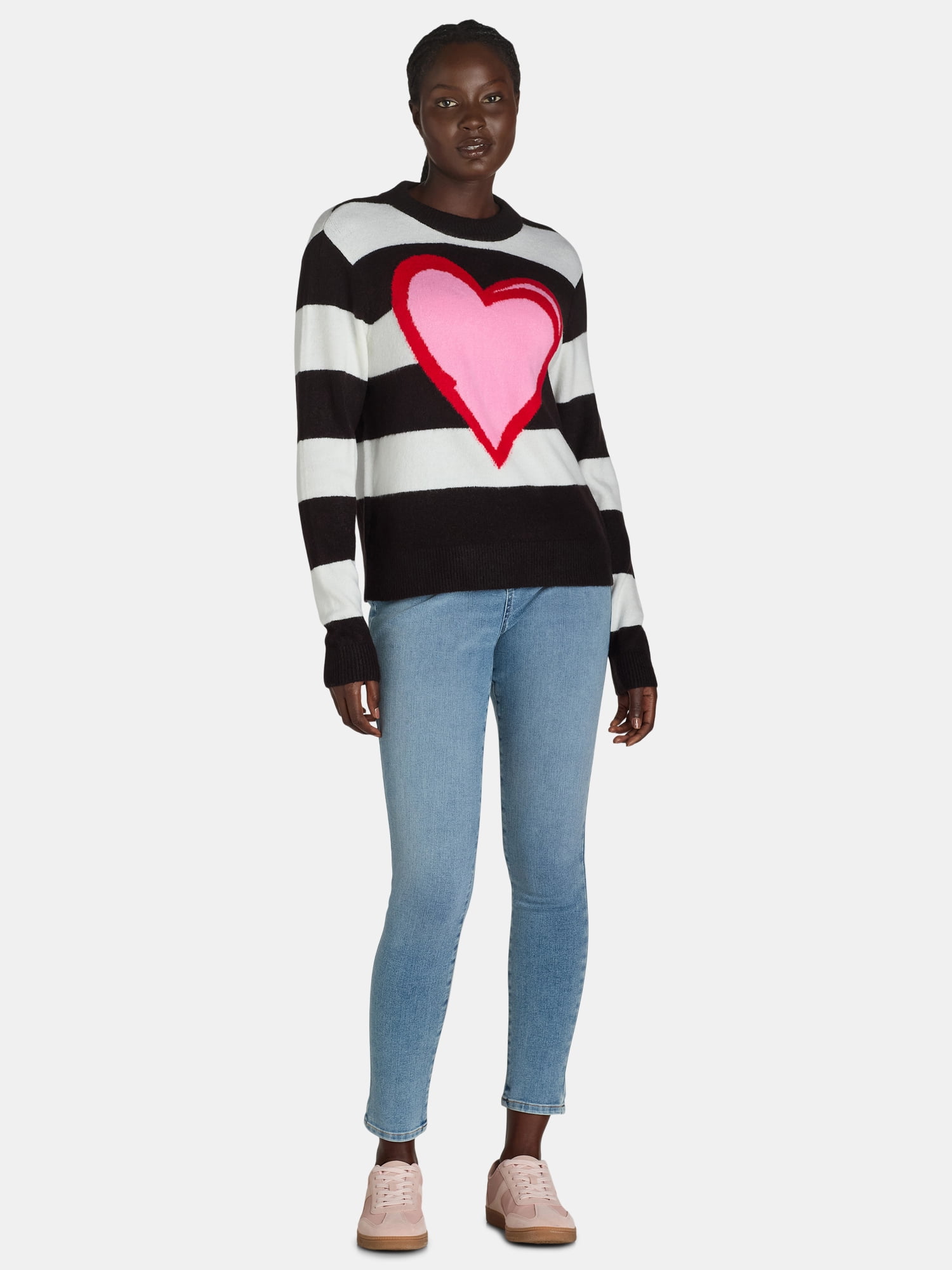 99 Jane Street Women’s and Women's Plus Striped Sweater with Heart Design, Sizes XS-4X