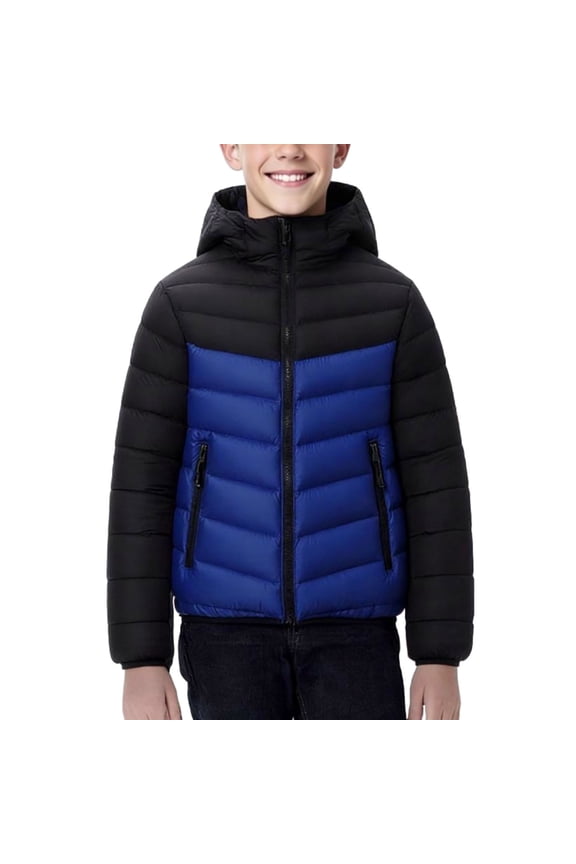 Boys Coat Color Block Puffer Jacket Winter Fashion Windbreaker Comfy Hooded Down Coats Puffy Warm Zipper Coat (Blue,10-11 Years)