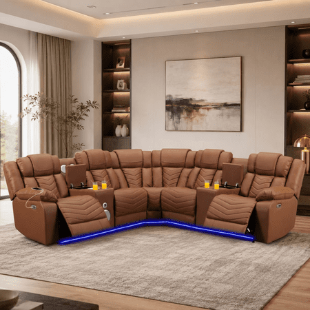 Gewnee 5-Seat Power Reclining Sofa with PU Upholstery, Bluetooth Speakers, Cup Holders & USB Ports for Living Room, Tan