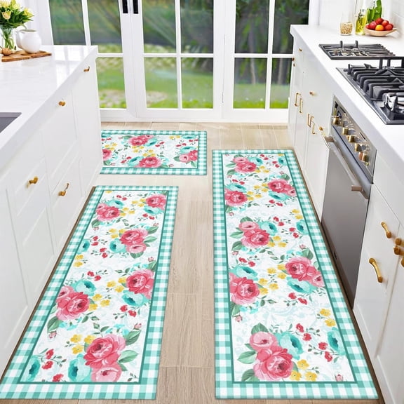 Red Teal Floral Kitchen Rugs and Mats Non-Skid Washable for Floor, Floral Teal Kitchen Decor and Accessories Kitchen Mat Set of 3