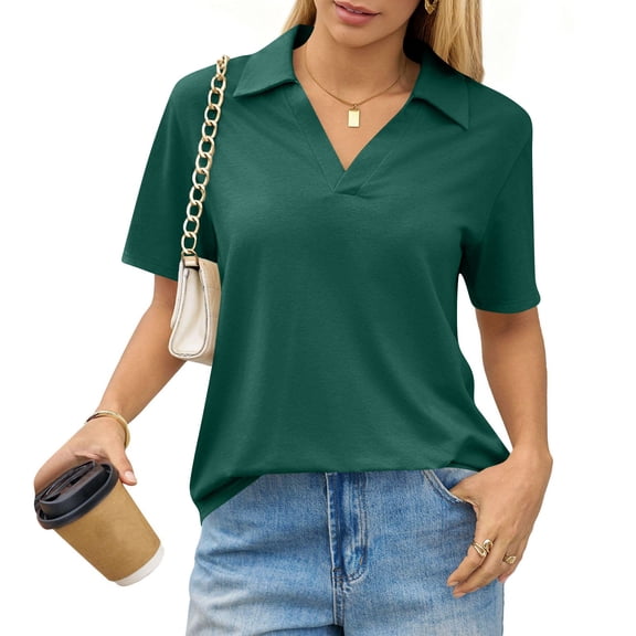 V Neck Polo Shirts for Womens - Summer 2026 Short Sleeve Collared Tops Business Casual Blouses Dark Green S