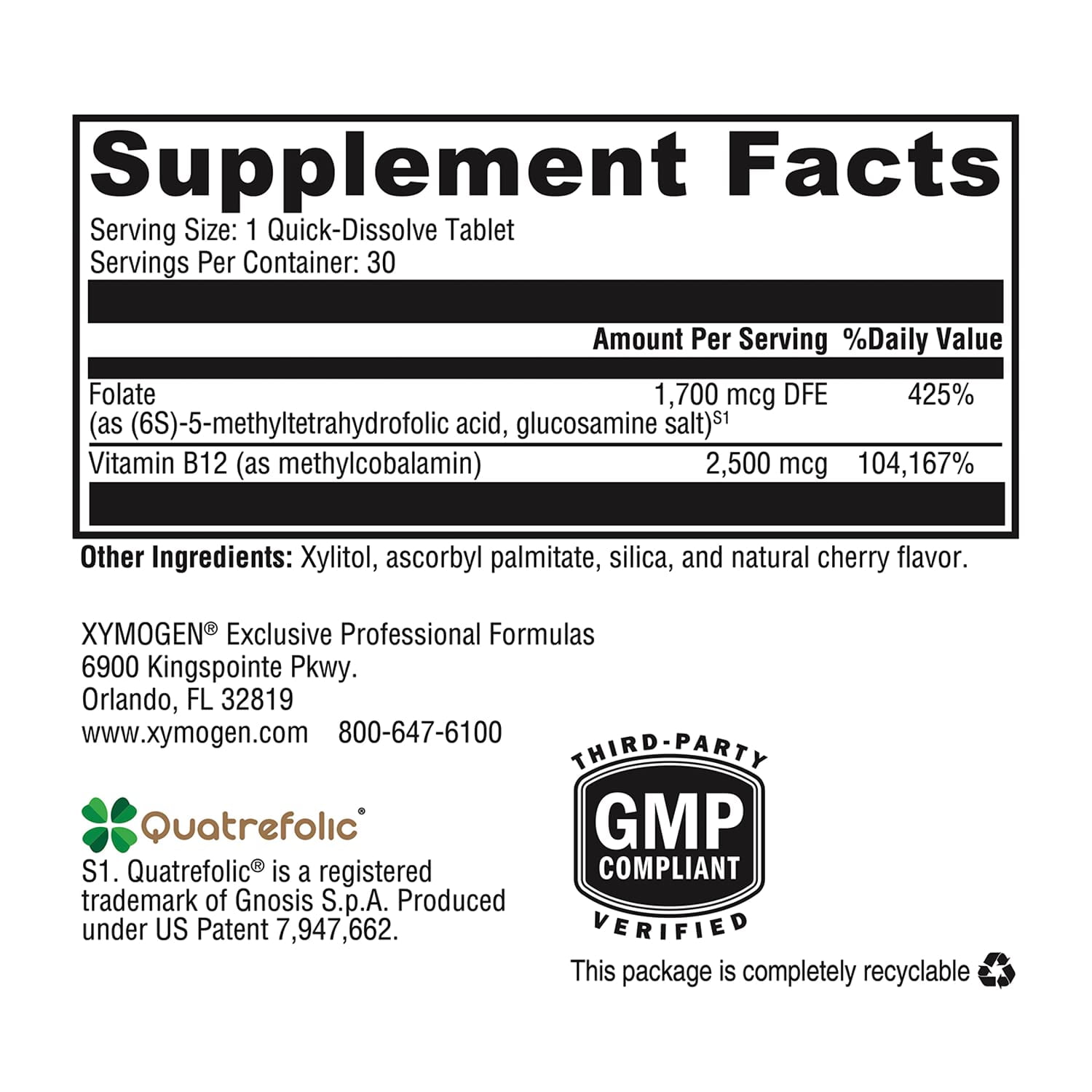 XYMOGEN 5-MTHF Plus B12 - Biologically Active L Methylfolate Supplement - Support Methylation & Nervous System Health - Great-Tasting Cherry Flavor (30 Quick-Dissolve Tablets)