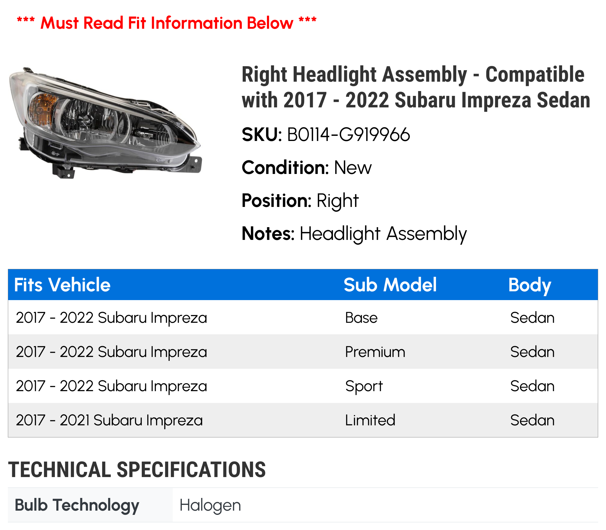 JSBOYAT Headlight Assembly Set for 2017-2022 Subaru Impreza 18-23 Crosstrek Headlamps Passenger Side