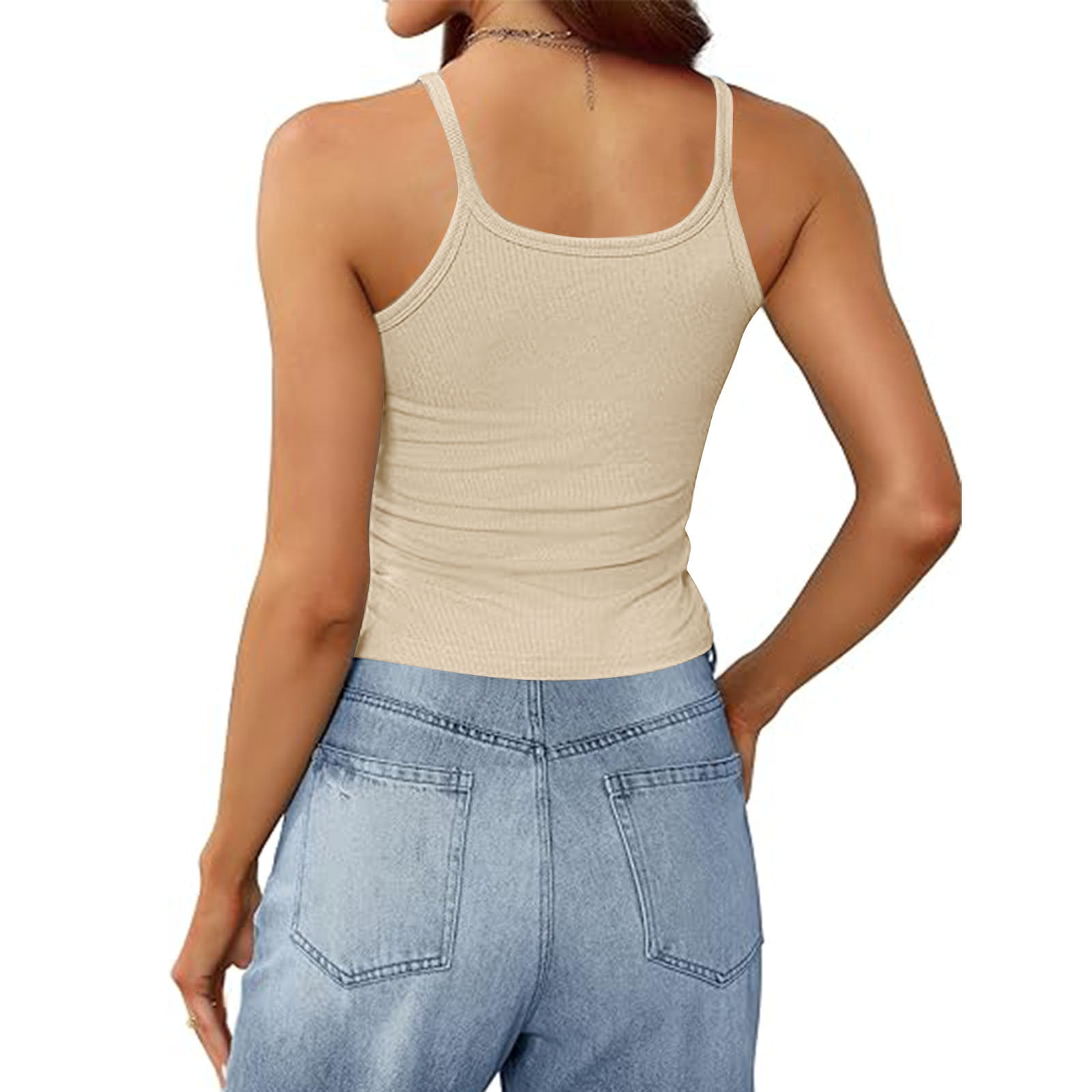 JGGSPWM Women Ribbed Knit Spaghetti Strap Sleeveless Crew Neck