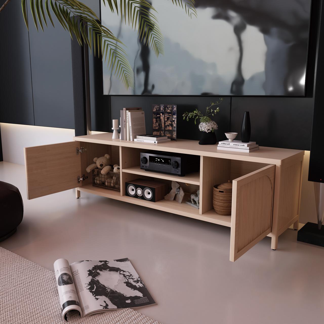 Bamboo TV Stand with Doors and Open Shelves, 63 Inch TV Cabinet for Living Room, Natural Entertainment Center Media Console with Magnetic Doors, 15.3" D Storage Furniture