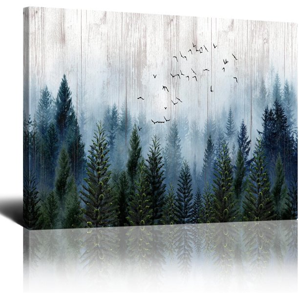 Sunset foggy forest mountain landscape painting, room painting, artistic work, home decoration, wall fabric painting
