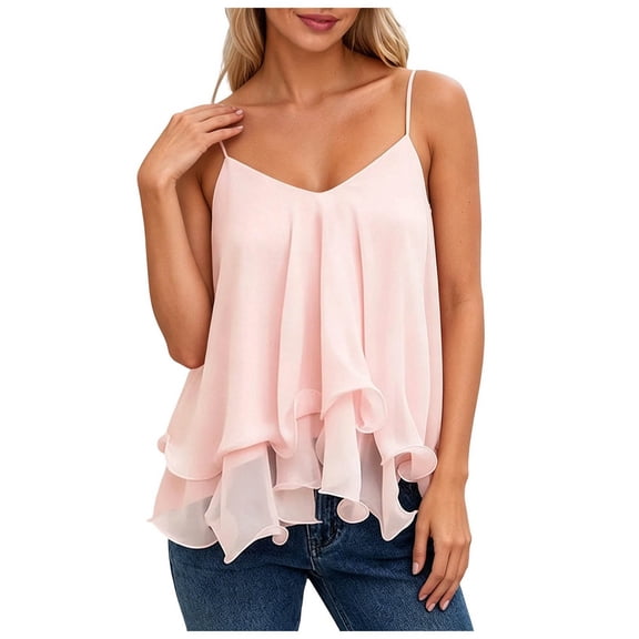 WNVMWI Flowy Tank Tops for Women Ruffle Layered Spaghetti Strap Camisole Ladies Sleeveless Mesh Dress Blouse Pink XXL