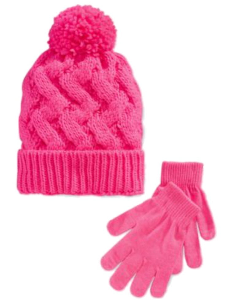Pink Cable Knit Beanie Pom Pom Hat 