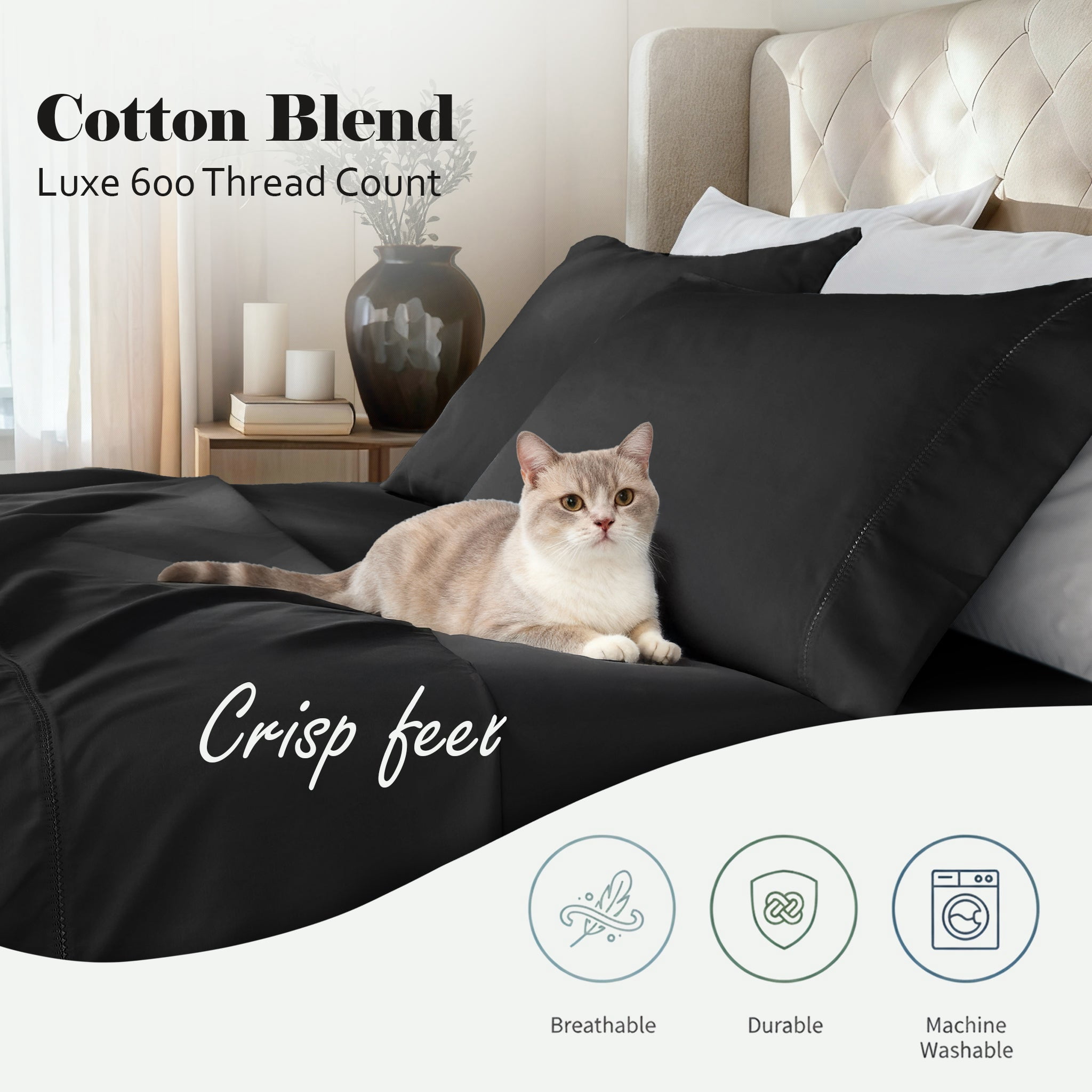 Superior Cotton Blend 600 Thread Count Embroidered Pillowcases , Set of 2, Standard Size, Black