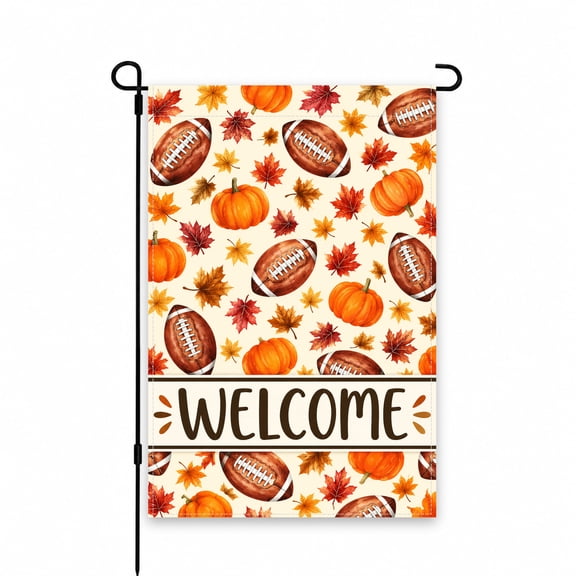 Autumn Garden Flag 12 x 18 inch, Fall Outdoor Yard Flag with Orange Pumpkins, Brown Footballs and Colorful Maple Leaves for Lawn, Patio, Porch and Garden Decor
