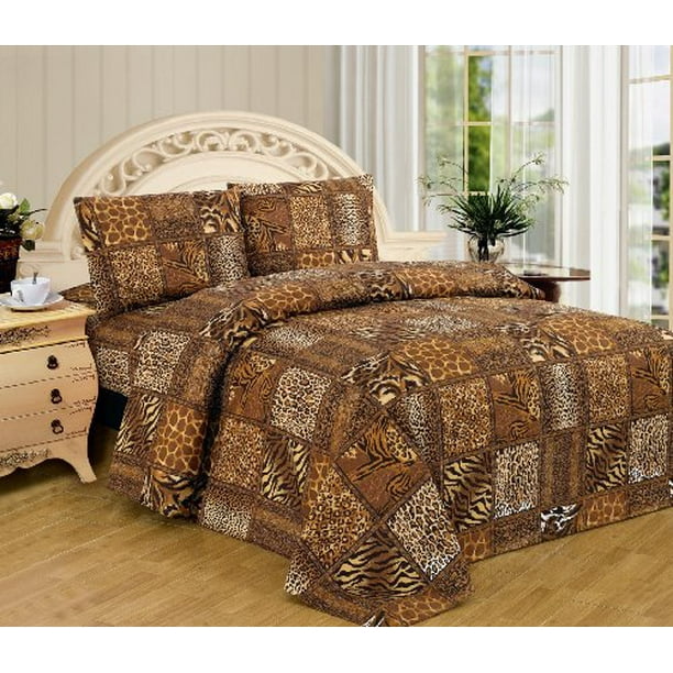 Brown Black Leopard Zebra Queen Size Sheet Set 4 Pc Safari Animal Print