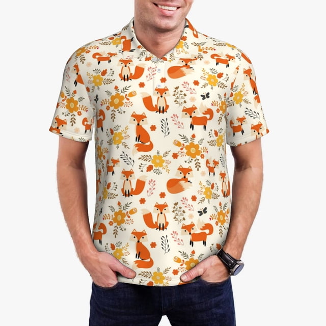 Fotbe Flower Fox Camiseta Polo de Golf para Hombre con Estampado – Camisa Deportiva Transpirable con Cuello Abotonado-X-Large