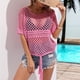 thumbnail image 2 of Mujeres Crochet Hollow Out Cover Up Top Cordón Cuello redondo Manga corta Bikini de punto Cubrir, 2 of 7