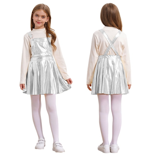 RUNQHUI Robe Évasée pour Filles Fête d'Anniversaire Robe à Bretelles Jupe Plissée Vêtements de Carnaval Argent 14