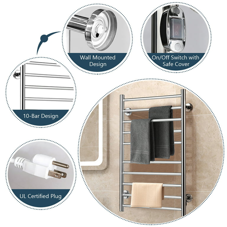 VEVOR Heated Towel Rack, 12 Bars Design, Polishing Brushed Stainless Steel  Electric Towel Warmer with Built-in Timer, Wall-Mounted for Bathroom,  Plug-in/Hardwired, UL Certificated, Silver