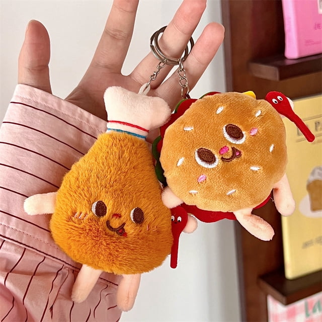Lindo y creativo muñeco de hamburguesa con papas fritas, colgante de mochila, pareja de adornos de peluche, llavero de coche para niña